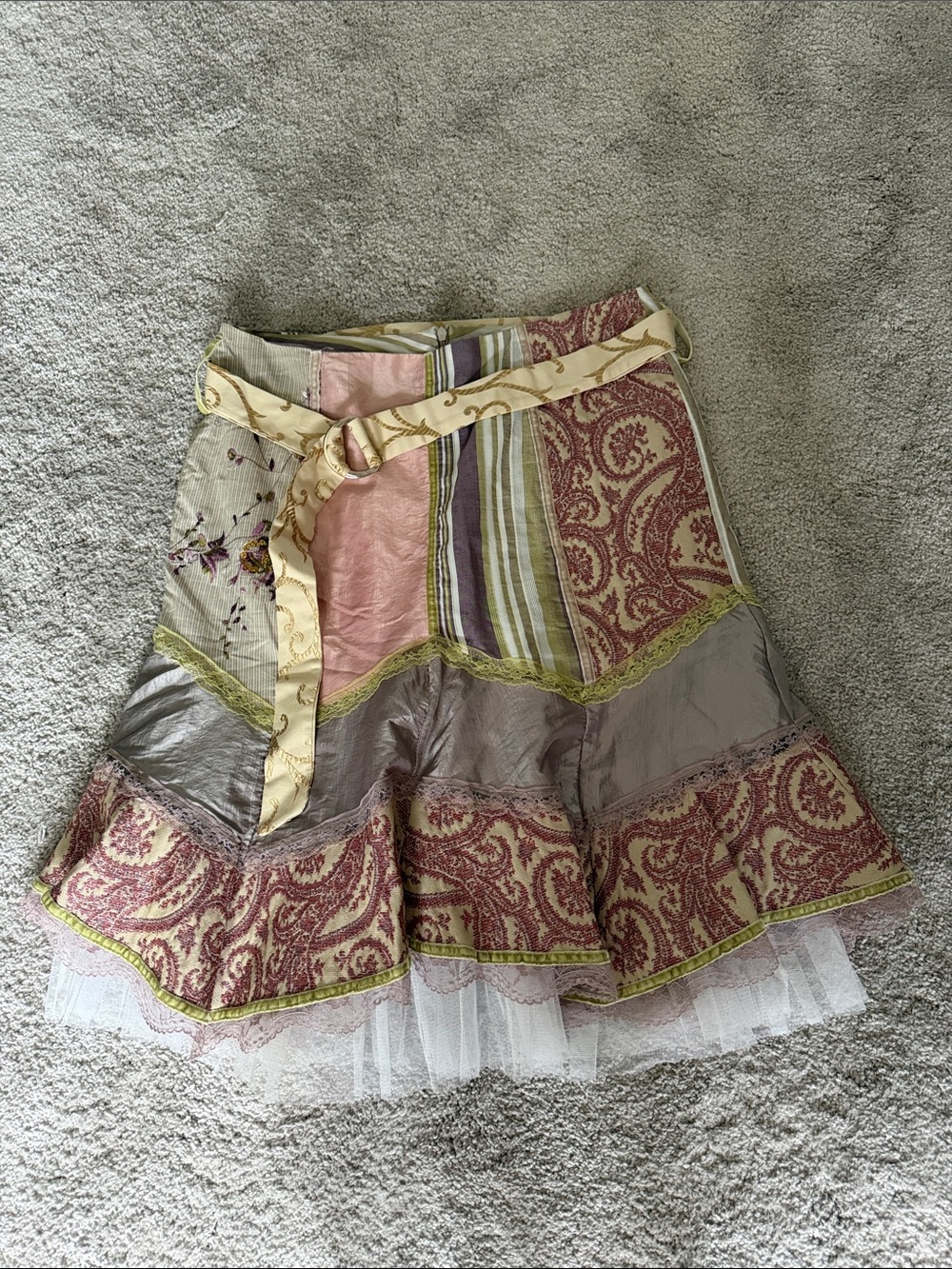Boho Patchwork Ruffle Skirt in Pink and Gray